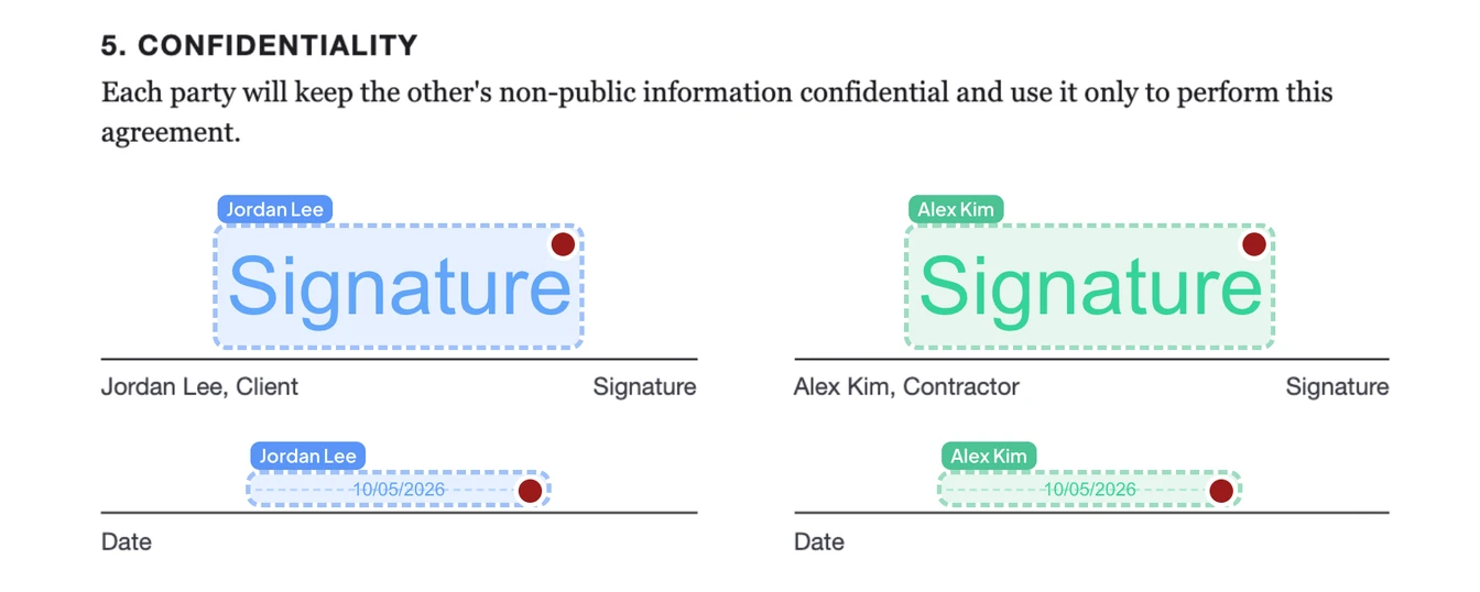Le bloc de signatures d'un contrat de prestation dans l'éditeur de Signatura : un champ de signature et un champ de date pour Jordan Lee en bleu, et les deux mêmes champs pour Alex Kim en vert.