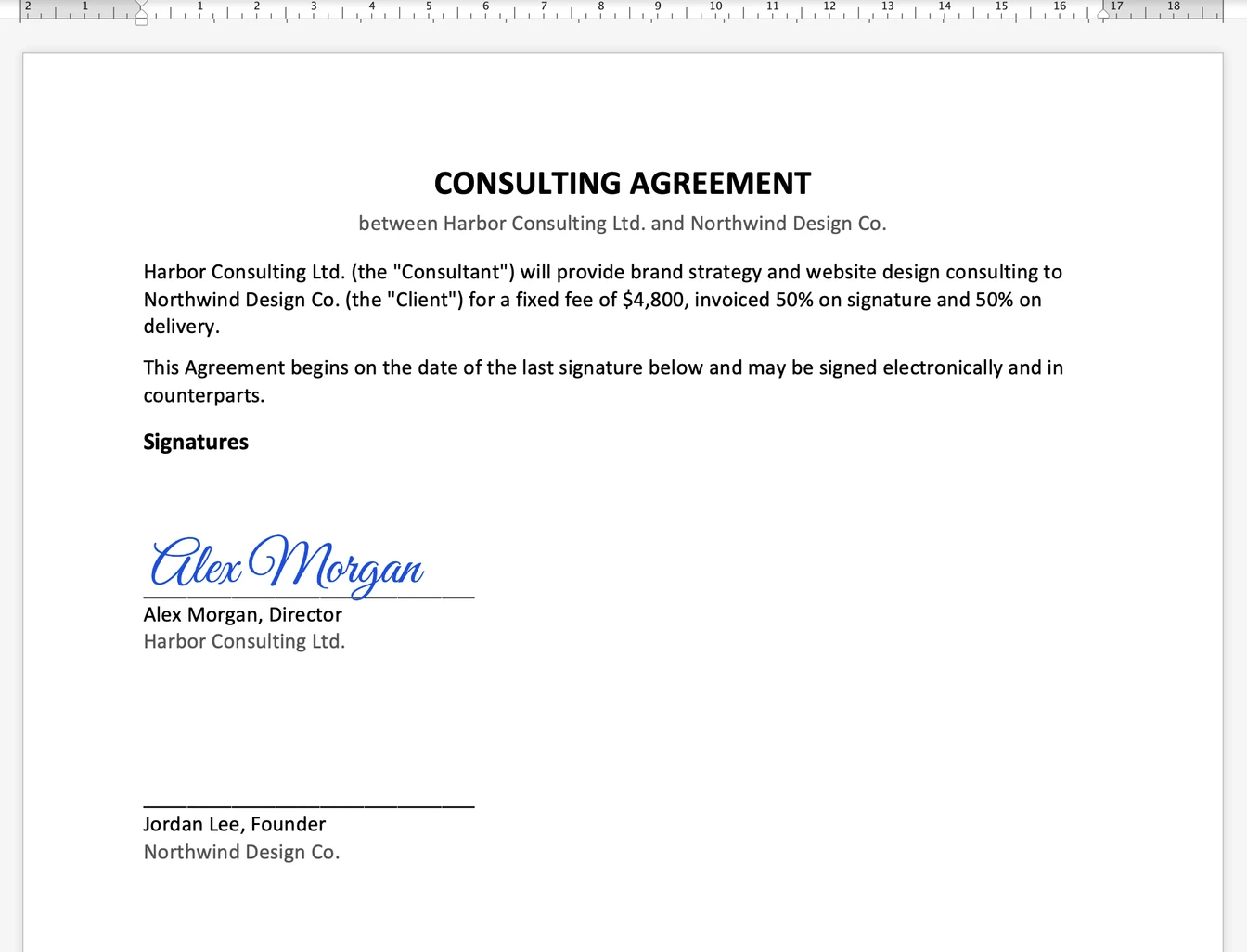 Ein Beratungsvertrag in Microsoft Word: Alex Morgans Unterschrift, ein Bild in blauer Schreibschrift, sitzt auf seiner Unterschriftslinie; die Linie von Jordan Lee darunter ist noch leer.